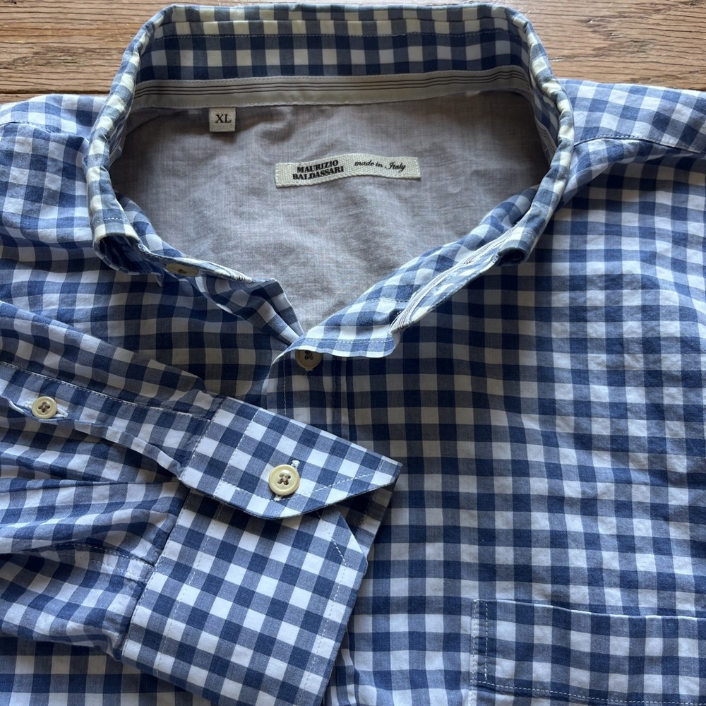 Maurizio Baldassari Shirt Mens XL Blue White Check Plaid Button‎ Down Italy